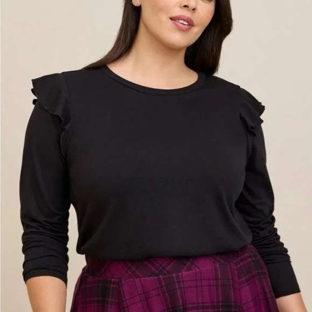 Torrid Black Classic Fit Signature Jersey Crew Neck Ruffle Shoulder Tee